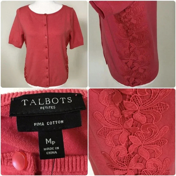 NWT Talbots PIMA COTTON Cardigan Sweater Size MP Petite Medium Short Sleeve Pink - Picture 1 of 15